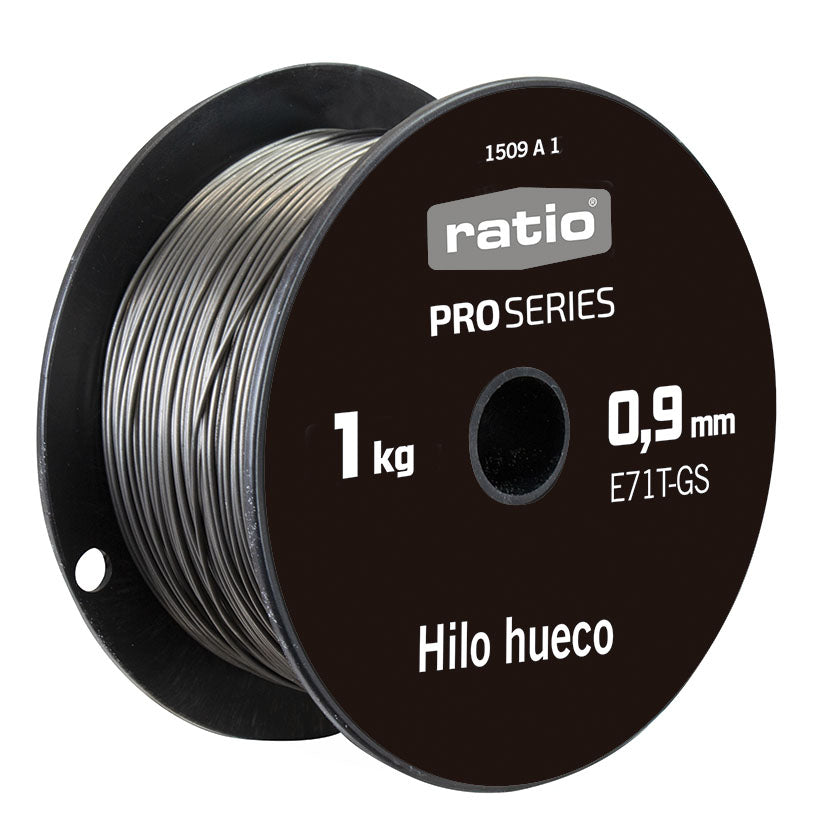 Bobina de hilo hueco RATIO Pro Series de 1 kg para soldadura sin gas diámetro 0,9 mm.