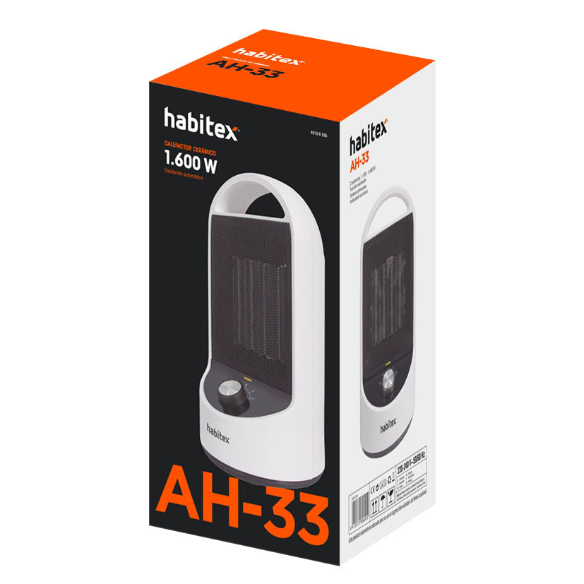Caja de presentación del calefactor cerámico Habitex AH-33 de 1600W con especificaciones técnicas