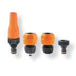 Despiece de kit de riego LISTA con lanza, conectores rápidos y adaptador de grifo naranja y gris