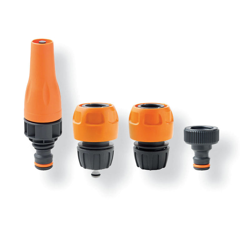 Despiece de kit de riego LISTA con lanza, conectores rápidos y adaptador de grifo naranja y gris