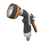 Pistola de riego LISTA Water Cycle Metal 24 con cabezal de 8 funciones y mango ergonómico gris y naranja.