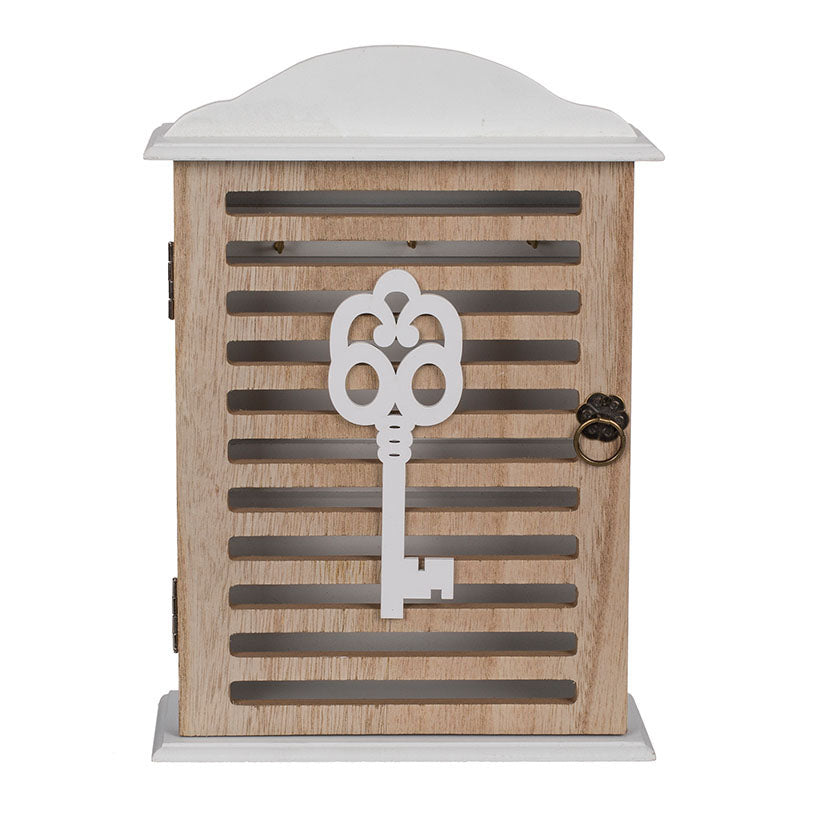 Caja guardallaves de madera blanca y natural con diseño de llave decorativa frontal