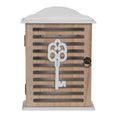 Caja guardallaves de madera blanca y natural con diseño de llave decorativa frontal