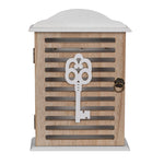 Caja guardallaves de madera blanca y natural con diseño de llave decorativa frontal