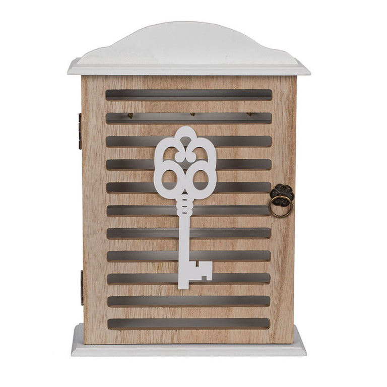 Caja guardallaves de madera blanca y natural con diseño de llave decorativa frontal