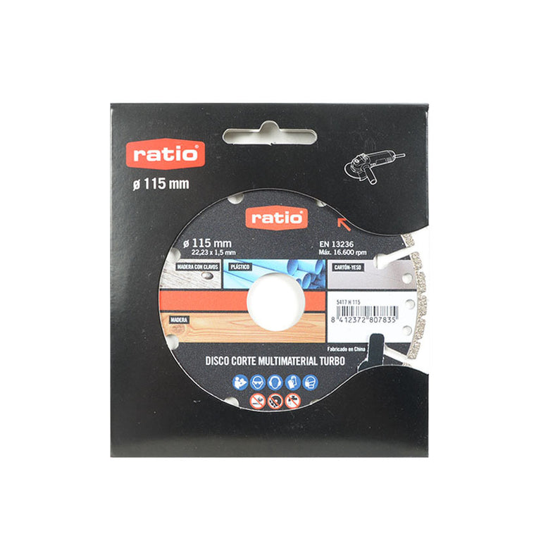 Presentación en blister del disco de corte RATIO 115mm para amoladora indicando materiales aptos y normativa EN 13236.
