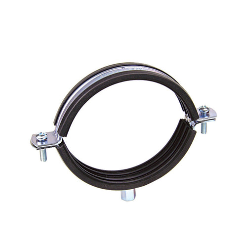 Abrazadera isofónica metálica CELO RI con recubrimiento de goma EPDM y tornillos de cierre laterales.