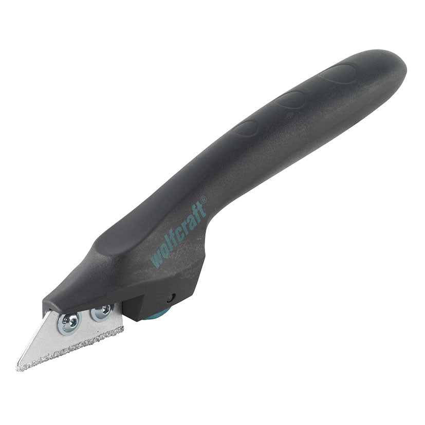Rascador de juntas Wolfcraft con mango ergonómico negro y cuchilla de carburo de tungsteno para mortero.