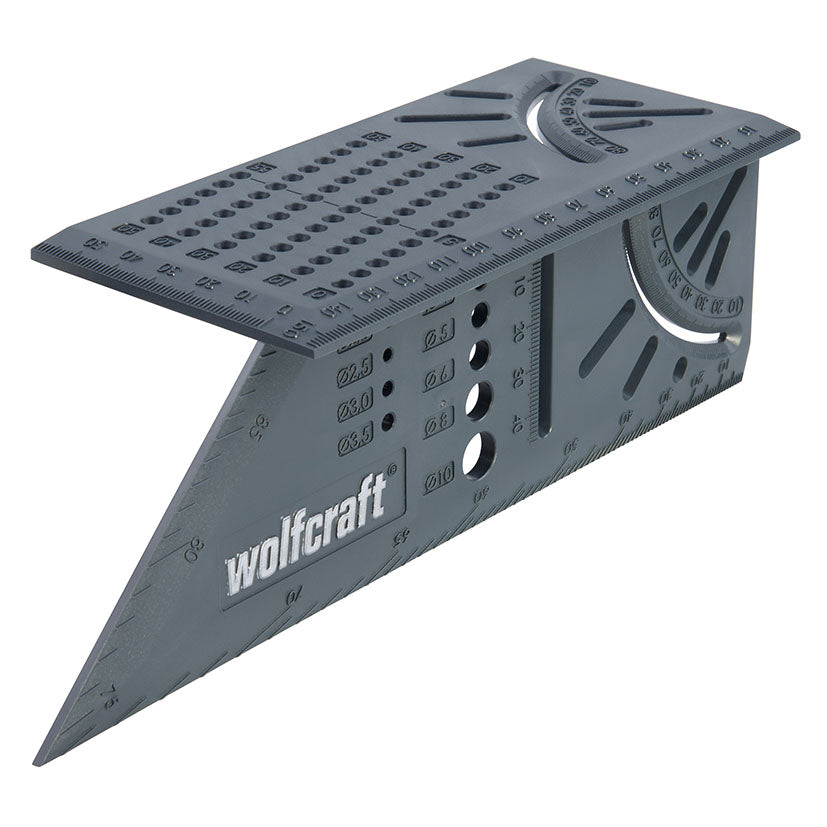 Escuadra 3D Wolfcraft gris con escalas milimétricas y calibre de brocas integrado