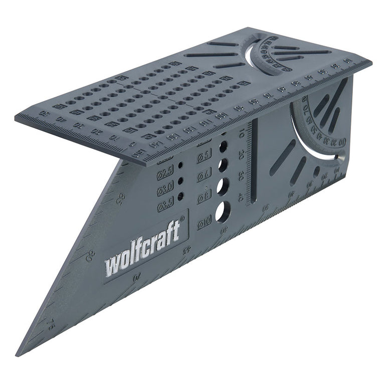 Escuadra 3D Wolfcraft gris con escalas milimétricas y calibre de brocas integrado