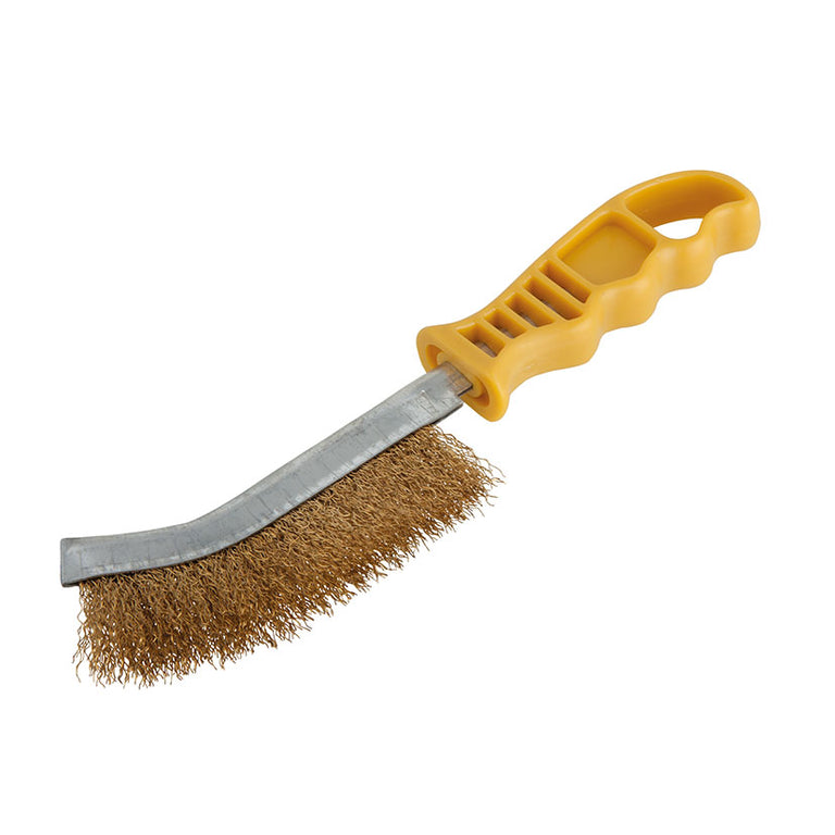 Cepillo manual Wolfcraft con púas de latón y mango amarillo para limpieza de madera y metales no férreos.