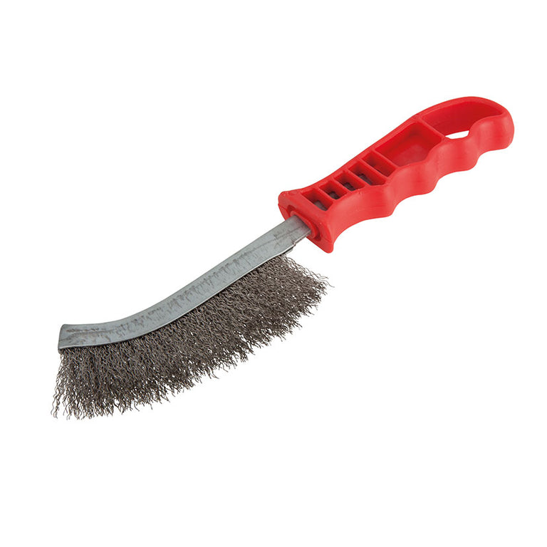 Cepillo de alambre Wolfcraft con púas de acero inoxidable y mango ergonómico rojo para desoxidado.
