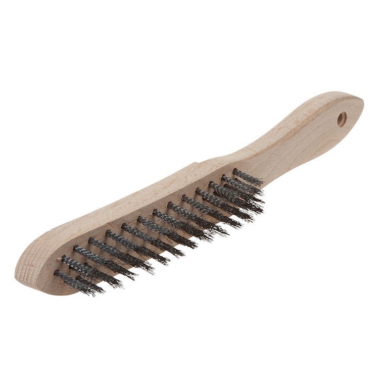 Cepillo manual Wolfcraft de 4 filas con púas de acero ondulado y mango de madera para limpieza de óxido.