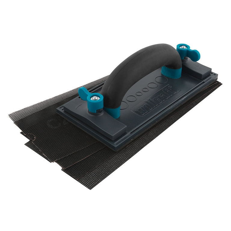 Lijadora manual Wolfcraft con mango ergonómico y rejilla de lijado negra montada