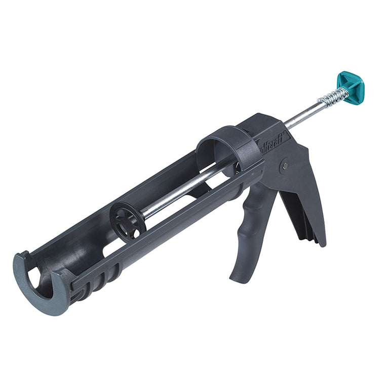 Pistola de silicona Wolfcraft MG 100 gris con gatillo ergonómico y varilla de empuje.