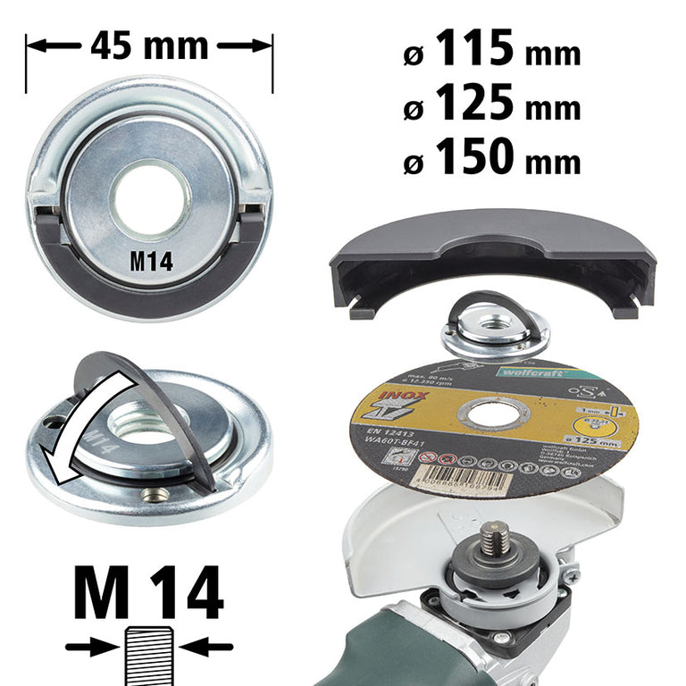 Diagrama de dimensiones y compatibilidad de tuerca M14 Wolfcraft para discos de 115 a 150 mm.