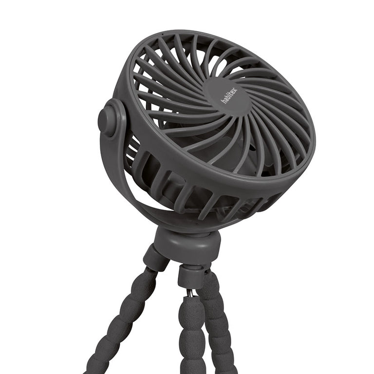 Detalle del cabezal inclinable del ventilador USB Habitex VMM 127 en color gris oscuro.