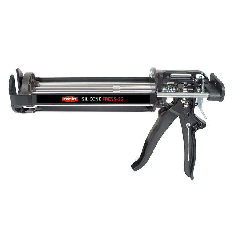 Pistola de anclaje químico RATIO Press-26 negra con doble sistema de empuje y mango ergonómico de aluminio.