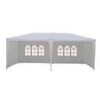Carpa de jardín blanca de 6x3 metros con ventanas laterales y estructura metálica.