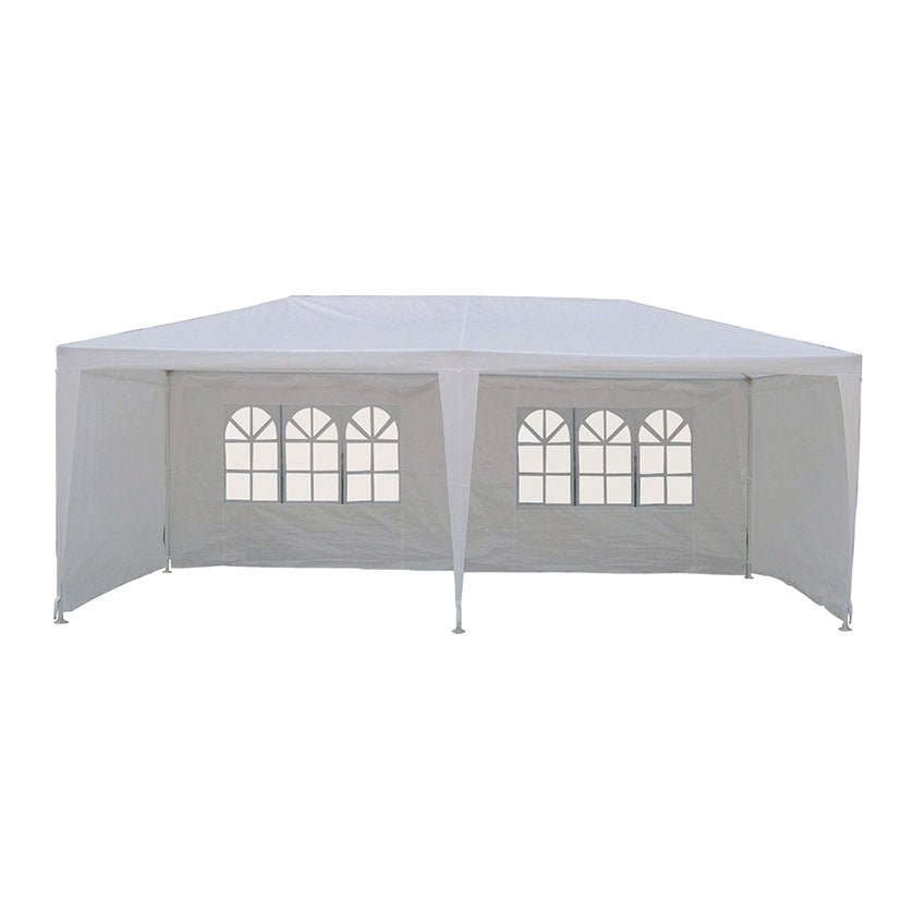 Carpa de jardín blanca de 6x3 metros con ventanas laterales y estructura metálica.