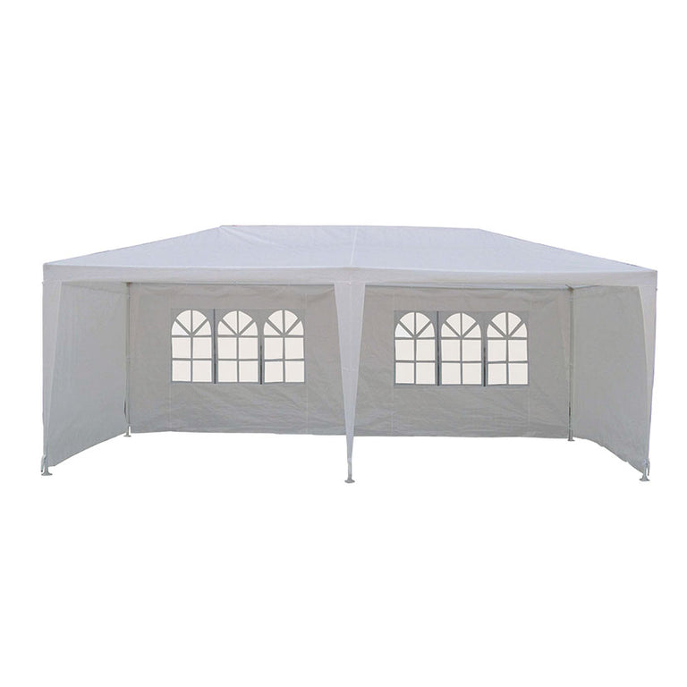 Carpa de jardín blanca de 6x3 metros con ventanas laterales y estructura metálica.