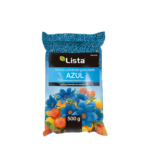 Paquete de fertilizante azul granulado LISTA de 500 g con alto contenido en nutrientes