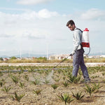 Operario aplicando tratamiento fitosanitario en campo agrícola con pulverizador eléctrico Pulmic Pegasus 15