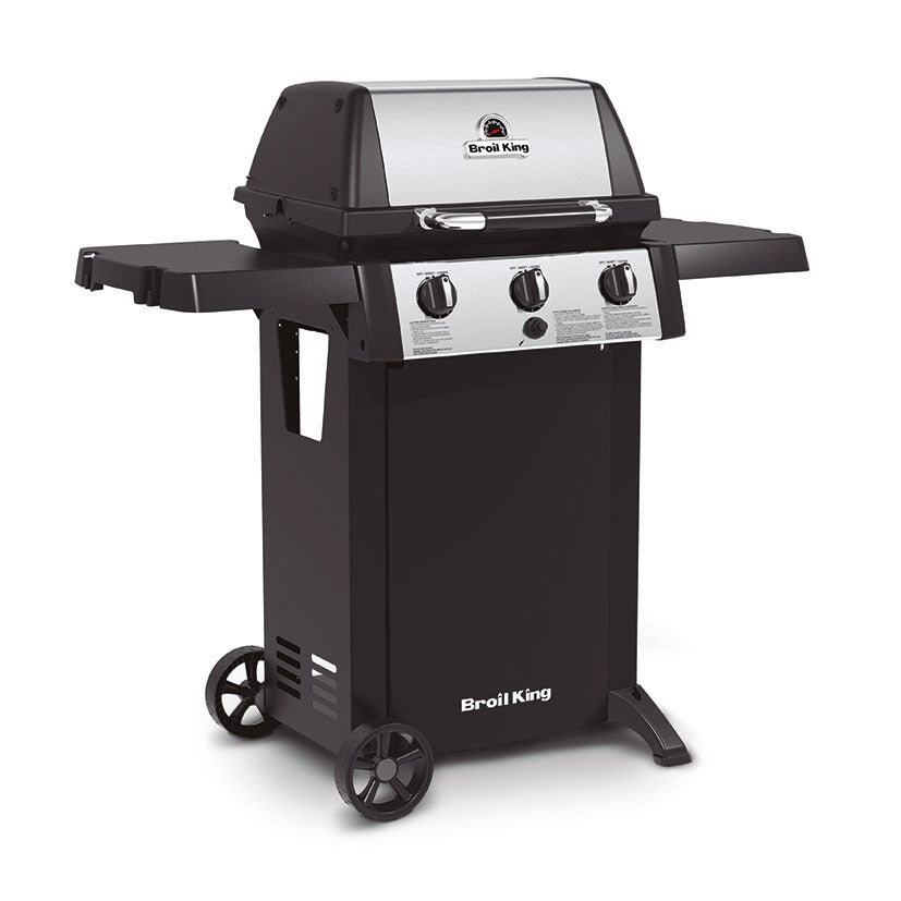 Perspectiva lateral derecha de la barbacoa Broil King Gem 310 mostrando panel de control y ruedas de transporte