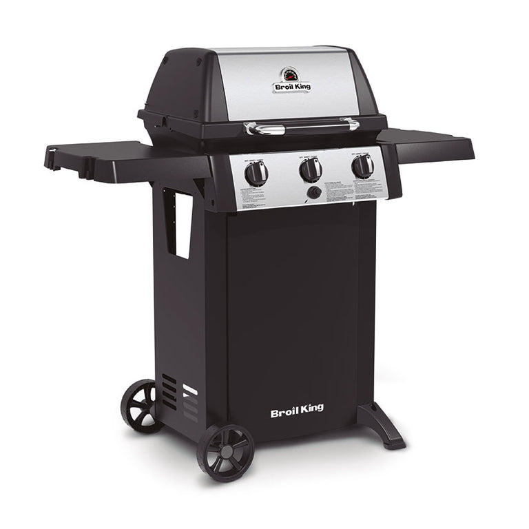 Perspectiva lateral derecha de la barbacoa Broil King Gem 310 mostrando panel de control y ruedas de transporte