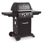 Vista frontal de la barbacoa Broil King Royal 340 Shadow con armario inferior y ruedas de transporte