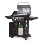 Barbacoa Broil King Royal 340 Shadow abierta con bombona de gas en el compartimento inferior