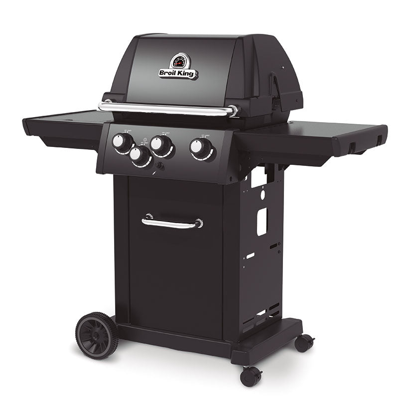 Barbacoa de gas Broil King Royal 340 Shadow negra con estantes laterales y termómetro en la tapa