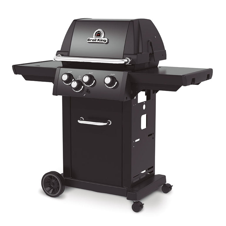 Barbacoa de gas Broil King Royal 340 Shadow negra con estantes laterales y termómetro en la tapa