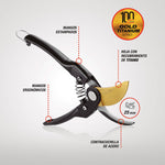 Infografía técnica de tijera Altuna Gold Titanium con capacidad de corte de 25mm y mangos de acero estampado.