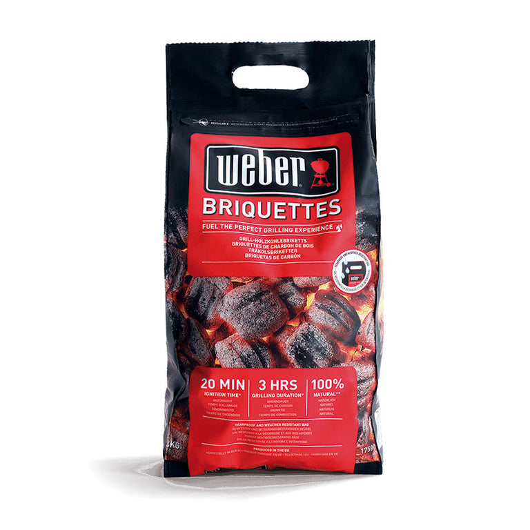 Saco de briquetas Weber de 4 kg con detalles técnicos de encendido y duración de combustión