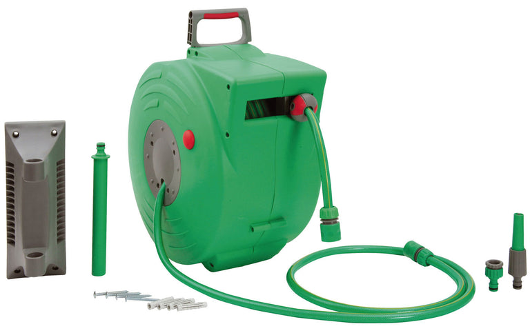 Enrollador de manguera automático SUPEREGO verde con soporte de pared y accesorios de conexión
