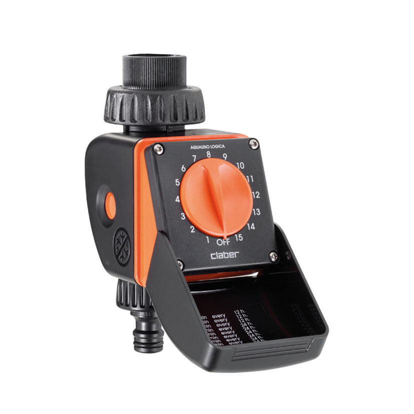 Programador de riego Claber Aquauno Logica 8422 con dial naranja de 15 programas y carcasa protectora