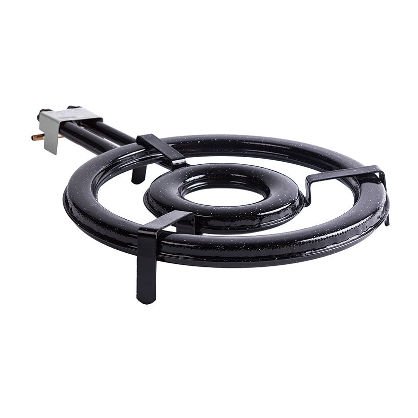 Quemador de gas circular para paelleras con sistema de doble aro y conexión para manguera de gas.