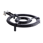 Quemador de gas circular para paelleras con sistema de doble aro y conexión para manguera de gas.