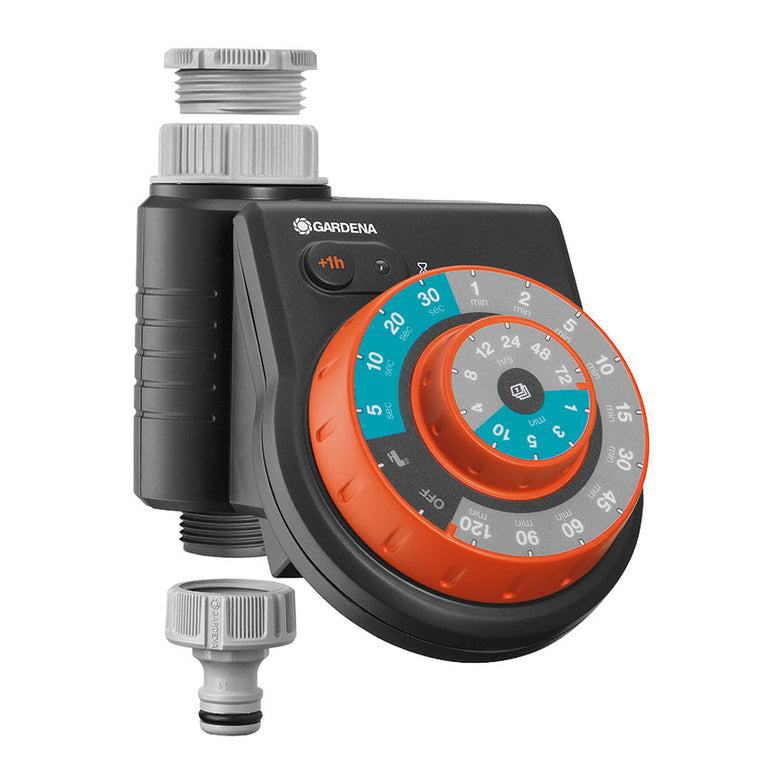 Programador de riego GARDENA EasyPlus con diales de configuración naranja y azul y adaptadores de rosca.