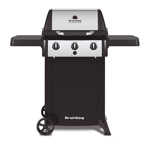 Barbacoa de gas Broil King Gem 310 vista frontal con estantes laterales desplegados y tapa cerrada