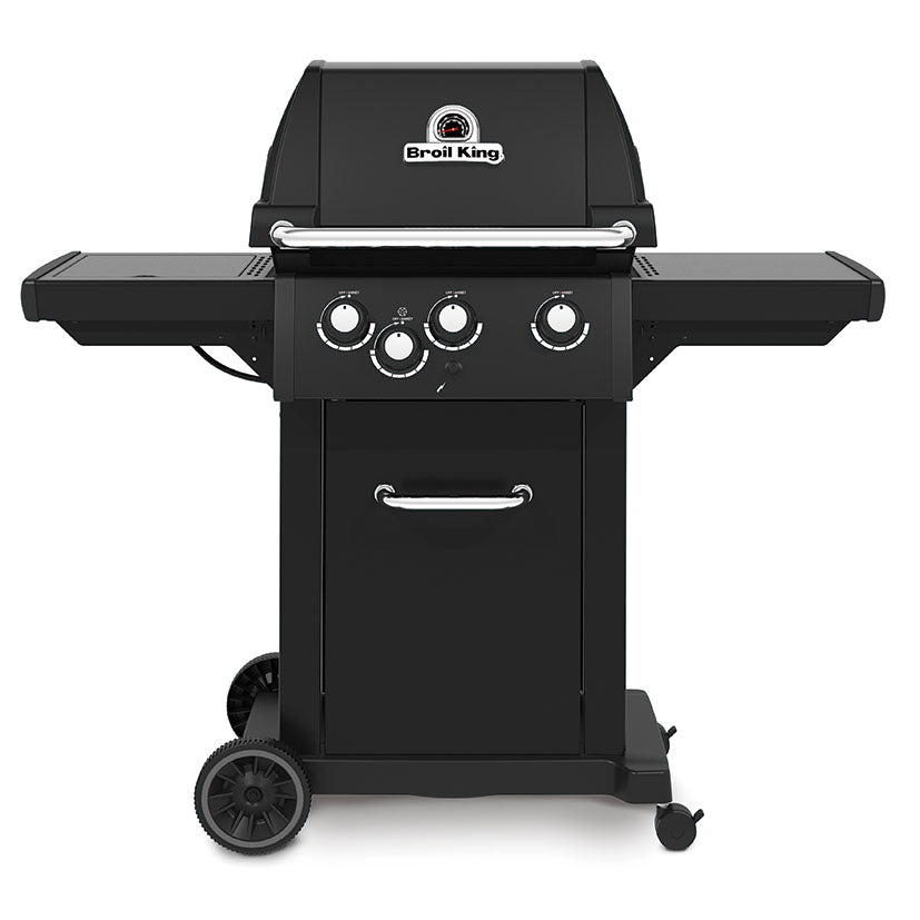 Barbacoa de gas Broil King Royal 340 Shadow negra con estantes laterales y termómetro en la tapa