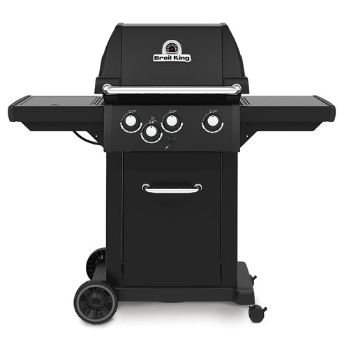 Barbacoa de gas Broil King Royal 340 Shadow negra con estantes laterales y termómetro en la tapa