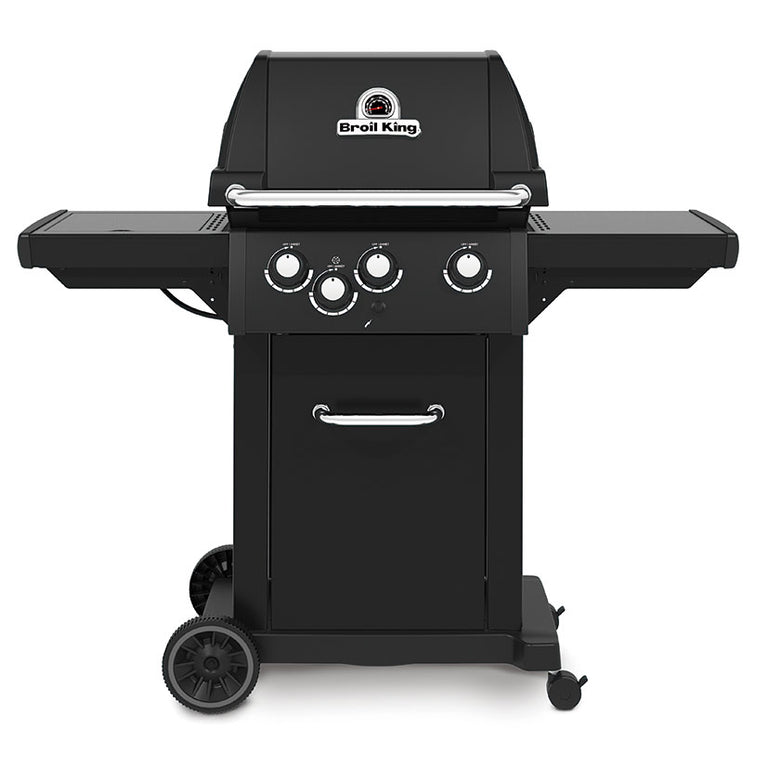 Barbacoa de gas Broil King Royal 340 Shadow negra con estantes laterales y termómetro en la tapa