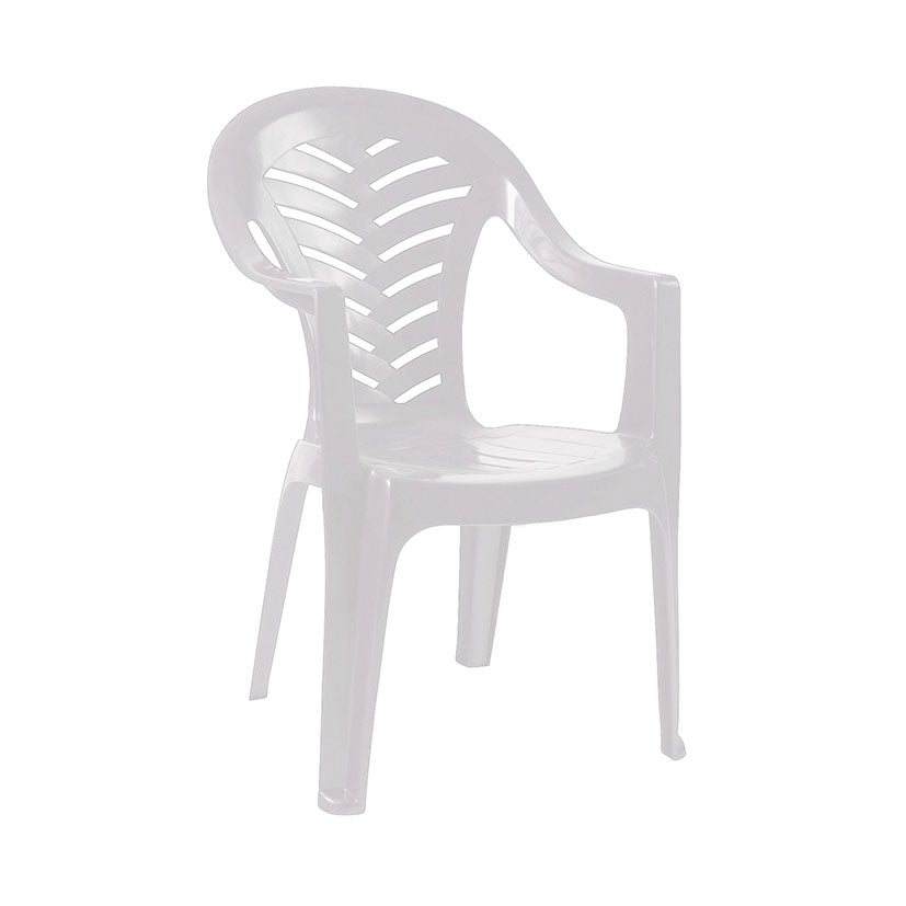 Silla de resina Palma blanca con reposabrazos y respaldo ventilado