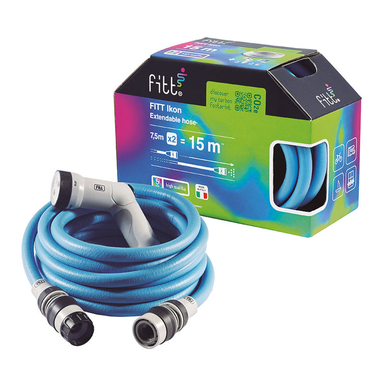 Manguera extensible FITT Ikon Blue de 15 metros con pistola de riego y conectores rápidos en color azul