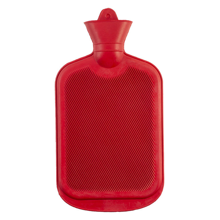 Bolsa de agua caliente roja de alta resistencia con superficie rugosa antideslizante y 1.8L de capacidad.