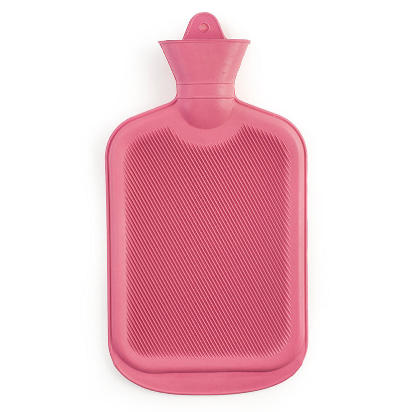 Bolsa de agua caliente rosa de 1.8 litros para alivio de dolores musculares y confort térmico.