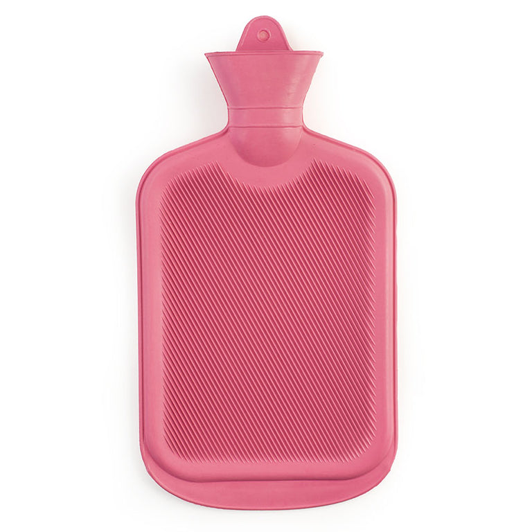 Bolsa de agua caliente rosa de 1.8 litros para alivio de dolores musculares y confort térmico.