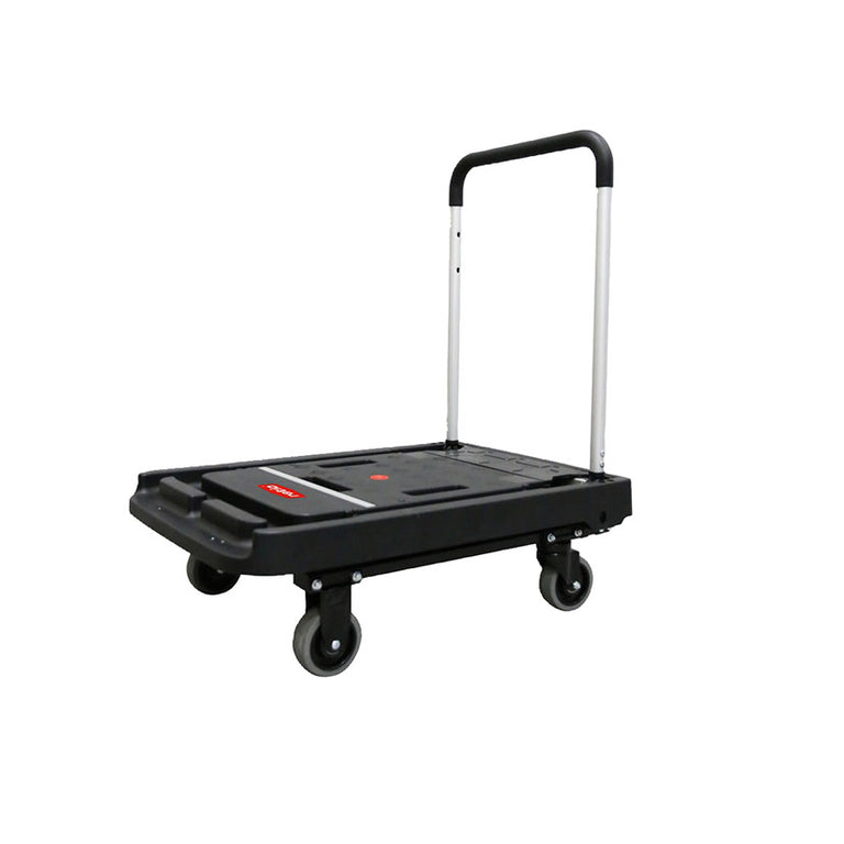 Plataforma rodante plegable RATIO 7139-3 con asa extendida y ruedas de goma TPR negra.